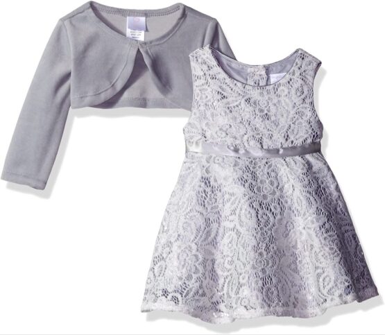 Baby Girl's Silver 2 Pc Lace Dress and Knit Cardigan