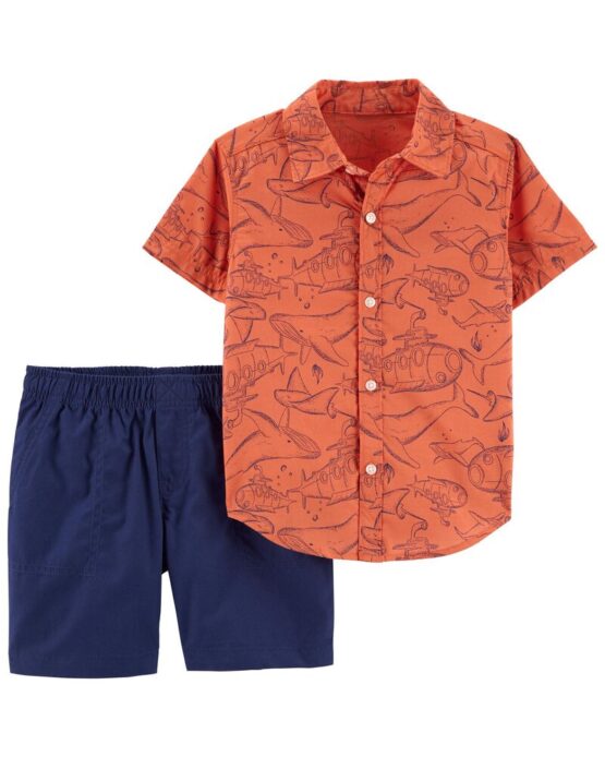 Carter's Toddler Orange/Navy 2-Piece Button-Front Shirt & Short Set