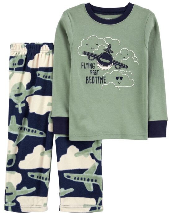 Carter's Green Toddler 2-Piece Airplane Cotton & Fleece PJs