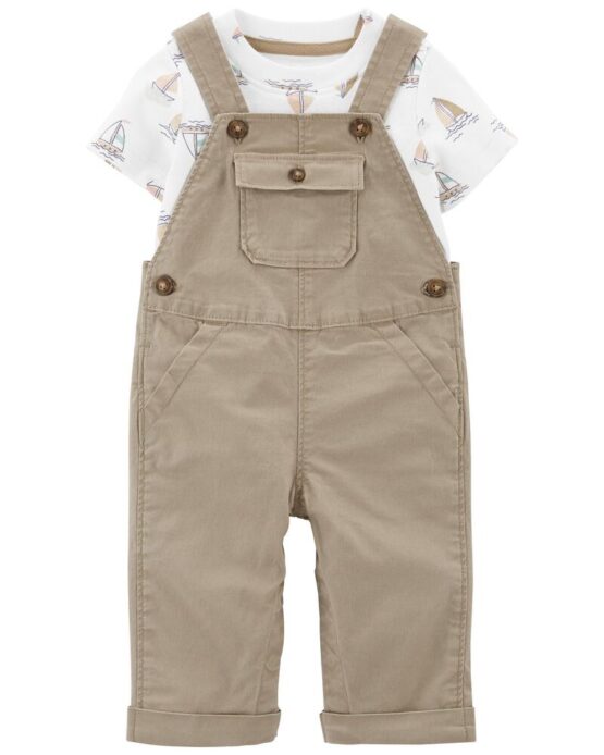 Carter's Olive/White Baby 2-Piece Tee & Canvas Overall Set