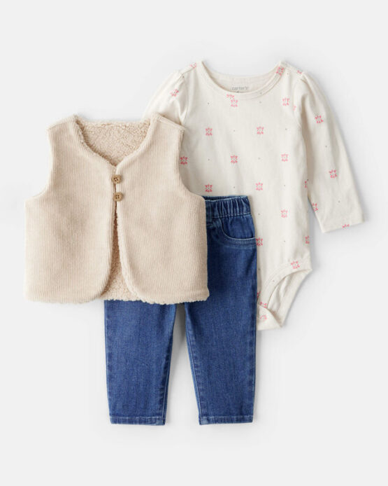 Conjunto de Chaleco de Terciopelo Floral de 3 Piezas para Bebé Niña