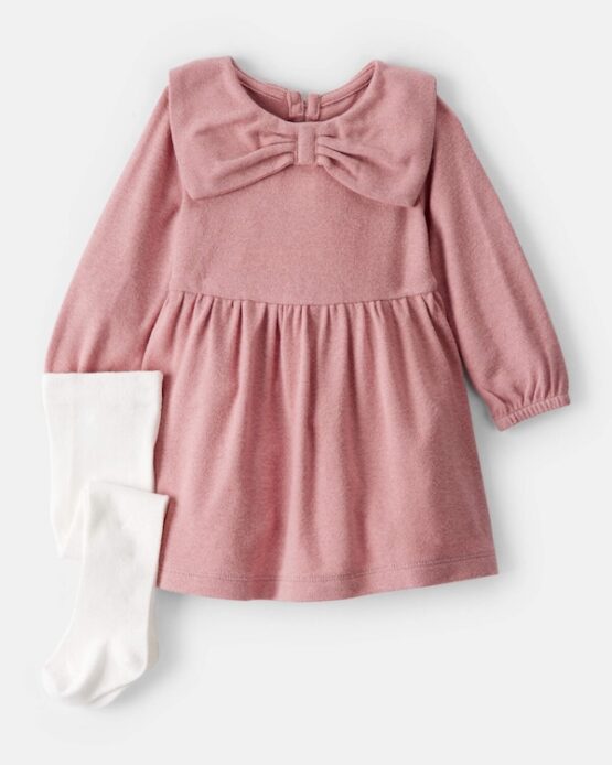 Carter's Vestido Manga Larga con Lazo bebe niña- Blanco/Rosa