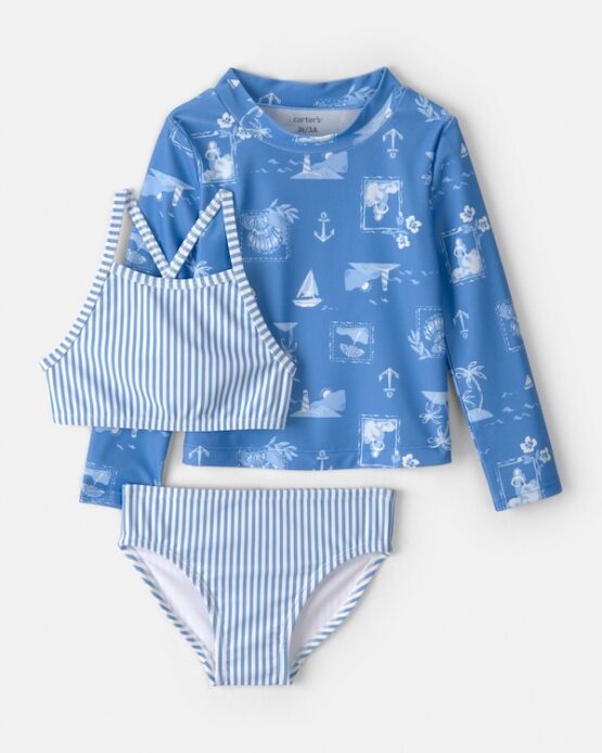Carter's 3-Piece Sailboat Long-Sleeve Rashguard Swimsuit Set -Blue UPF50+