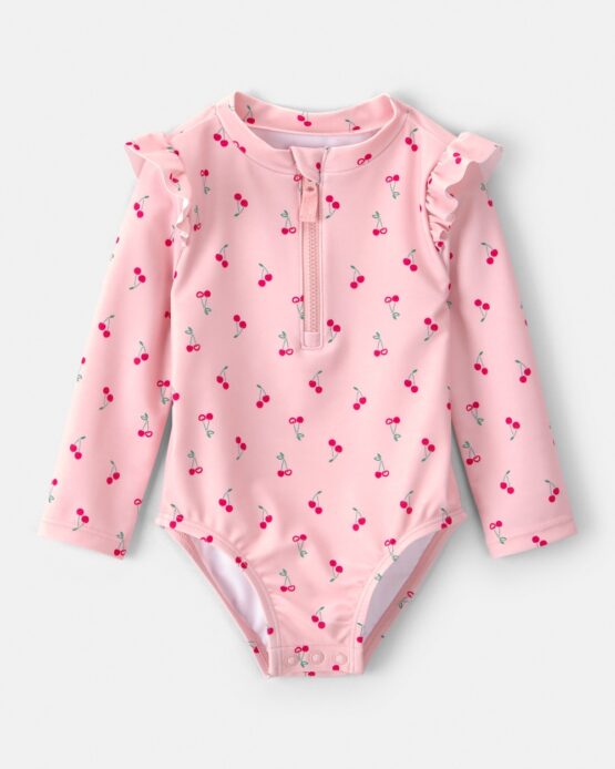 Carter's Baby Girl Cherry Long-Sleeve 1-Piece Rashguard Swimsuit - Pink