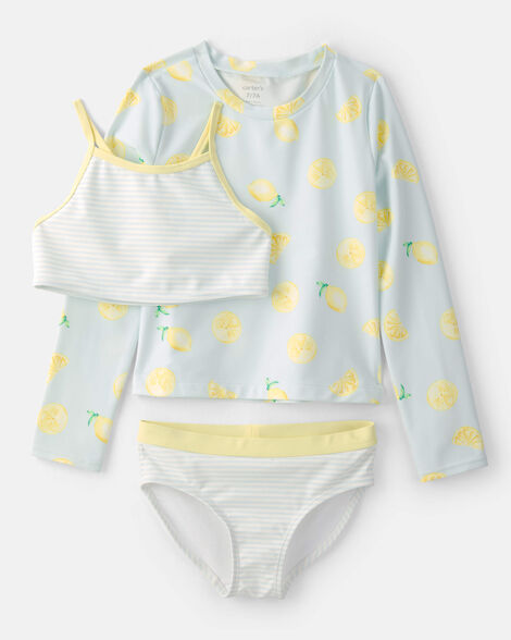 Carter's Girls 3-Piece Lemon Striped Rashguard Swimsuit Set - Blue
