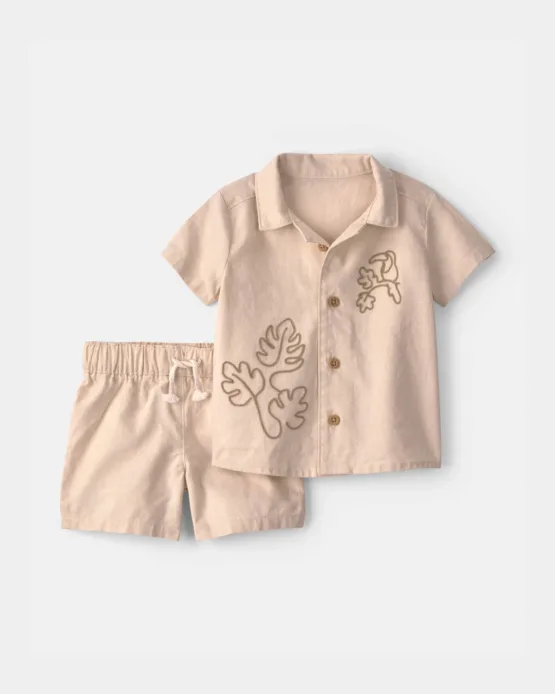 Conjunto Carter's Manga Corta De 2 Piezas Con Top Bordado de Tucán y Shorts - Caqui