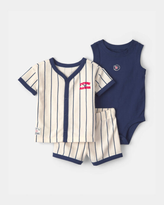 Conjunto Carter's de 3 Piezas  Camiseta de Béisbol a Rayas y Short - Azul/Marfil