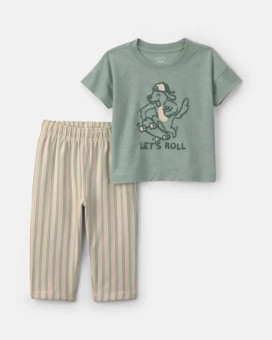Conjunto Carter's de 2 Piezas Manga Corta Lets Roll y Pantalón A Rayas  - Beige/Verde