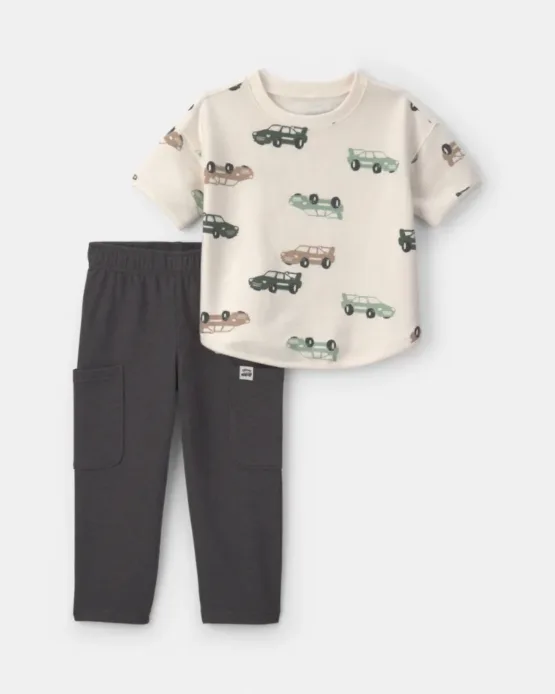 Conjunto Carter's de 2 Piezas Manga Corta  De Carros y Pantalón - Crema/Gris