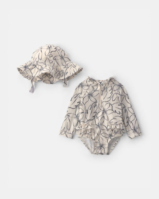 Traje De Baño Carter's De Bebe Niña de 2 Piezas Con Camiseta Protectora Floral y Gorro - Negro/Marfil