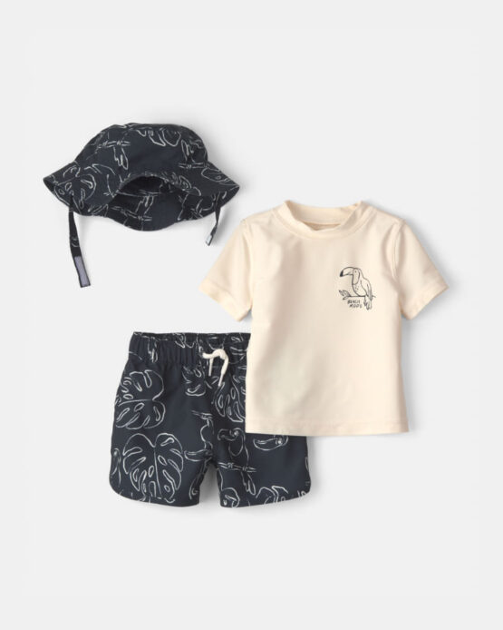 Traje De Baño Carter's De 3 Piezas con Camiseta de Protección Solar Bebé Niño Con Tucán - Negro/Marfil