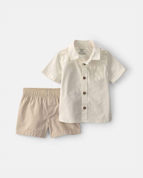 Conjunto Carter's  De 2 Piezas  Camisa Manga Corta De Botones Marfil/Marrón