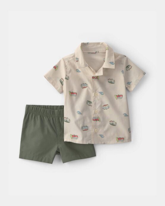Conjunto Carter's 2 Piezas Camisa De Botones De Furgoneta y Short- Verde