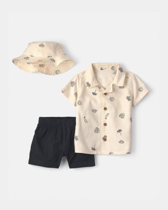 Conjunto Carter's  De 3 Piezas Sombrero, Camiseta y Short - Negro/Marfil