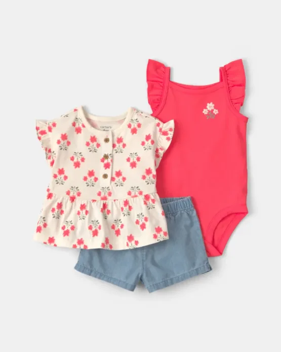 Conjunto Carter's De 3 Piezas Para Bebé Niña: Top Floral y Shorts