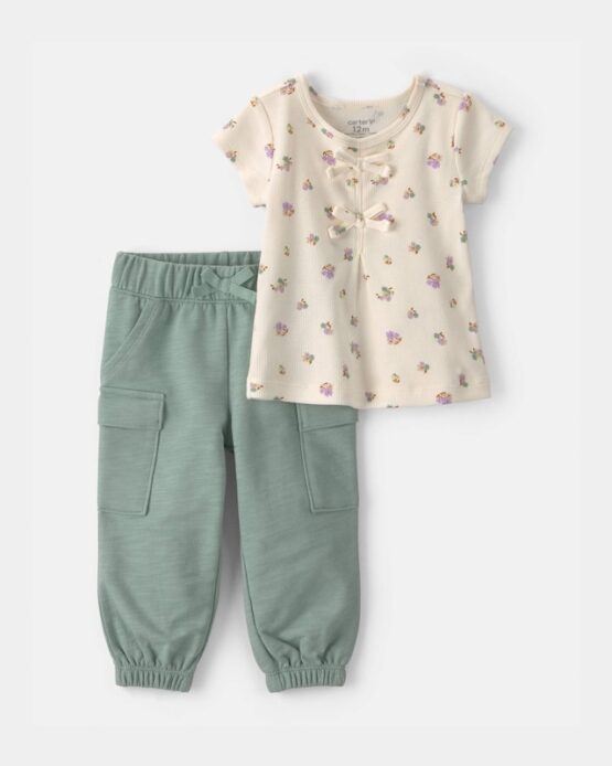 Conjunto Carter's de 2 Piezas Blusa Floral y Pantalón - Verde/Marfil