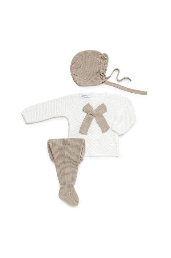 Conjunto Español 3 Pcs Primera Puesta Manga Larga Con Detalle de Chongo - Blanco/Beige