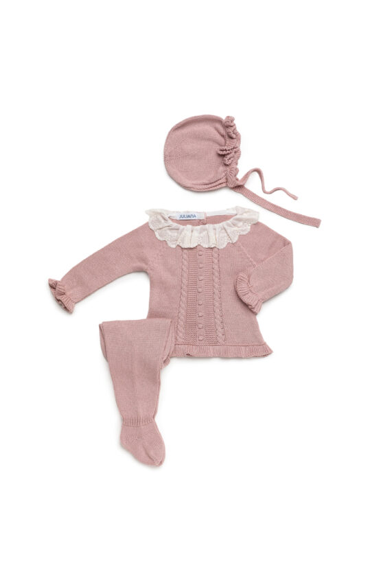 Conjunto Español 3 Pcs Primera Puesta Manga Larga Con Encaje En El Cuello -Rosa Palo