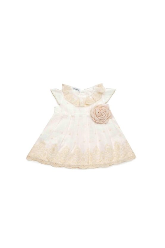 Vestido Español Con Volante  De Encaje En El Cuello - Beige Con Detalle De Flor