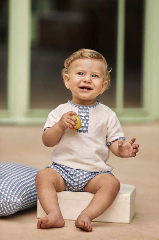 Conjunto Español 2 Pcs Para Bebe Niño Con Diseño Ballena De Lino y Algodon