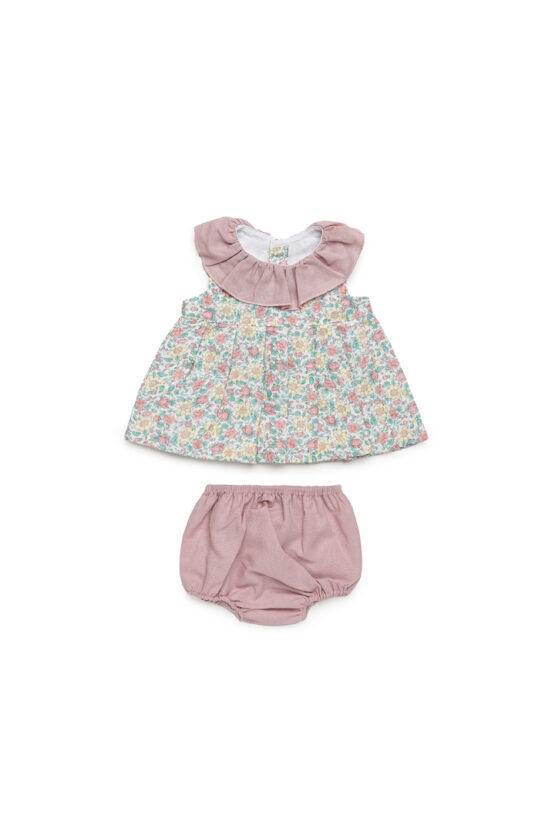 Conjunto Español Con Volante En El Cuello De Lino Y Algodon- Rosa Palo Floral