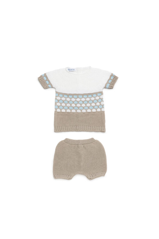Conjunto Español 2 Pcs Primera Puesta Manga Corta Con Short -Beige Con Blanco y Celeste