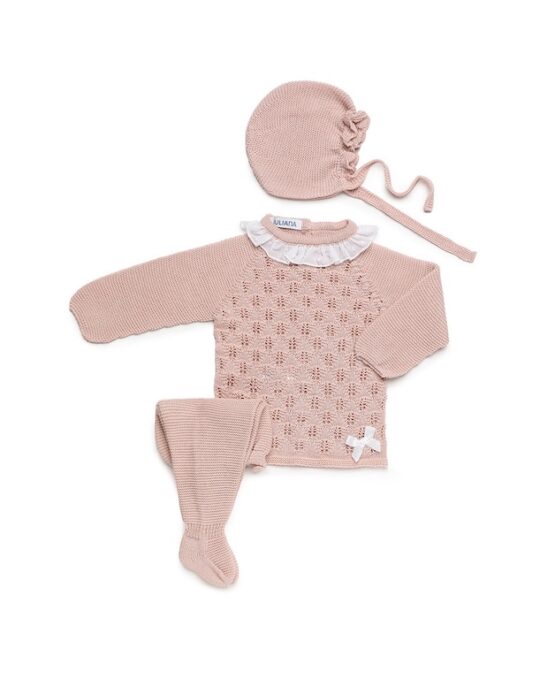 Conjunto Español 3 Pcs Primera Puesta Manga Larga Con Encaje En El Cuello - Rosa