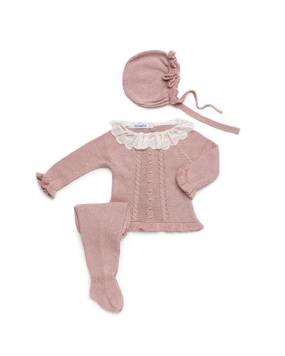 Conjunto Español 3 Pcs Primera Puesta Manga Larga Con Encaje En El Cuello -Rosa Palo