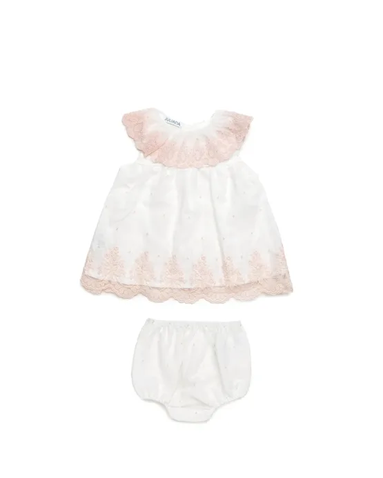 Vestido Español Estilo Jesusito Con Braga Con Volante  De Encaje En El Cuello  - Blanco/Rosa Palo