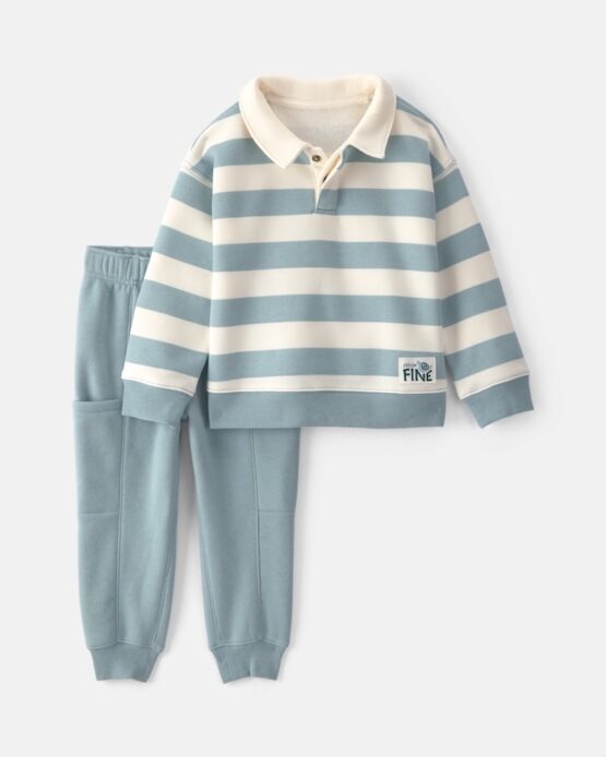 Conjunto Carter's de 2 Piezas Camiseta Tipo Henley De Felpa A Rayas Y Pantalón - Azul/Crema