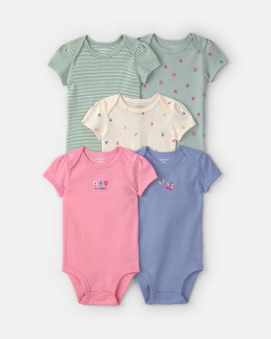 Carter's Set De 5 Mamelucos Manga Corta Estampado De Mariposas Y Flores