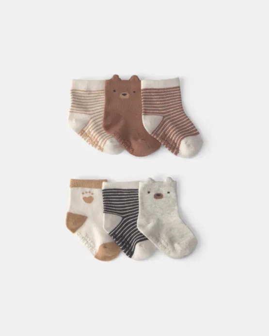 Paquete de 6 Calcetines Carter's A Rayas Con Osito - Marrón/Crema