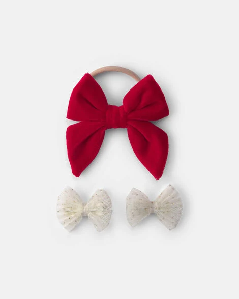 Pack De Carter's De 3, 1 Diadema Y 2 Clips De Lazo Navideño Para Bebé - Rojo/Crema