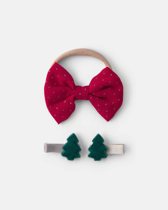 Pack De Carter's De 3, 1 Diadema Y 2 Clips De Pino Navideño Para Bebé - Rojo/Verde