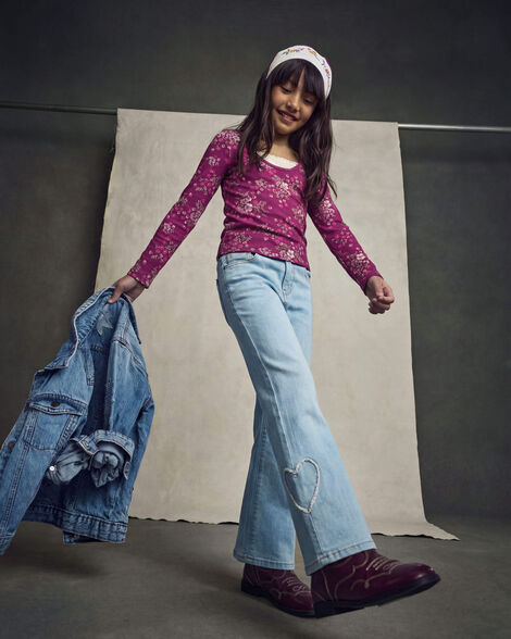 Jeans Carter's De Pierna Ancha De Mezclilla Para Chicas Con Diseño De Corazon - Lavado Claro
