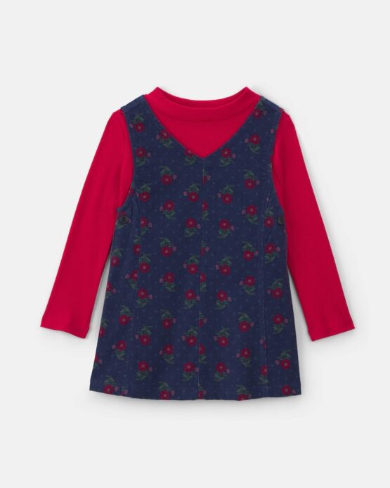 Conjunto De Vestido Carter's De Pana Floral De Manga Larga de 2 Piezas- Azul Marino/Rojo