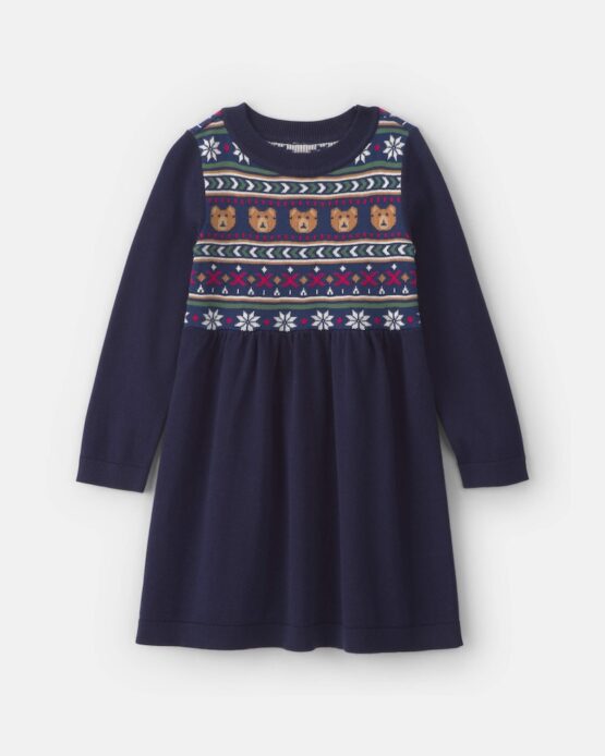 Vestido Carter's  Manga Larga Con Diseño De Oso Para Niña Pequeña - Azul marino