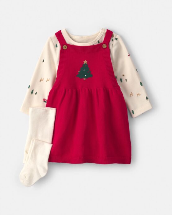 Conjunto de Vestido Carter's De Suéter Manga Larga De 3 Piezas Con Árbol de Navidad - Rojo/Crema