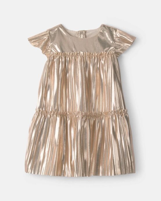 Vestido Carter's De Manga Corta Arrugado Metálico Para Niña - Dorado