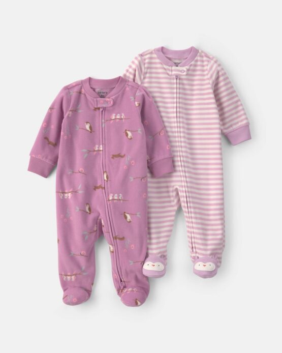 Pijama Carter's de Zipper De 2 Vías De Felpa A Rayas Con Pájaros 2 Unidades - Rosa