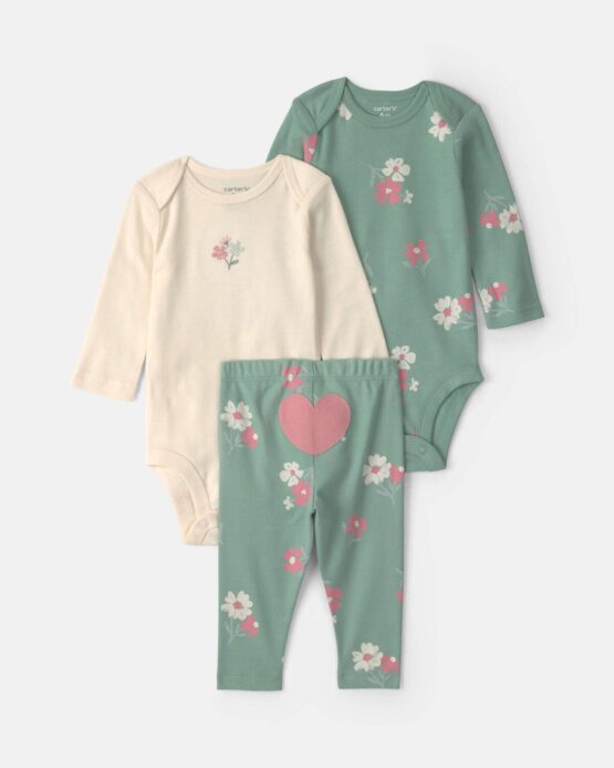 Conjunto Carter's De 3 Piezas Body Manga Larga Con Corazón Y Flores y Pantalón - Verde/Crema