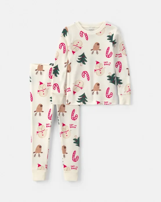 Carter's Pijama Navideña De 2 Piezas 100% Algodón De Reno, Pinos Y Bastones Rojos - Crema
